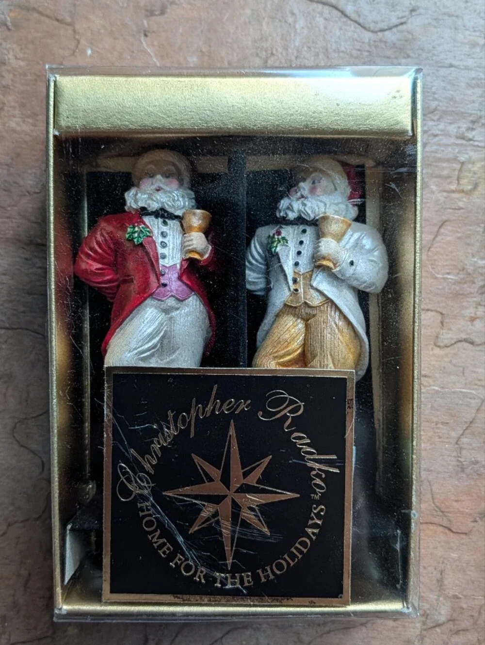 new vintage CHRISTOPHER RADKO tuxedo santa bottle stopper set